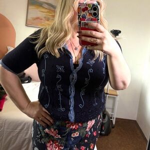 Crochet cottagecore sweater knit top Koret Blue Textured Knit Cardigan cotton S